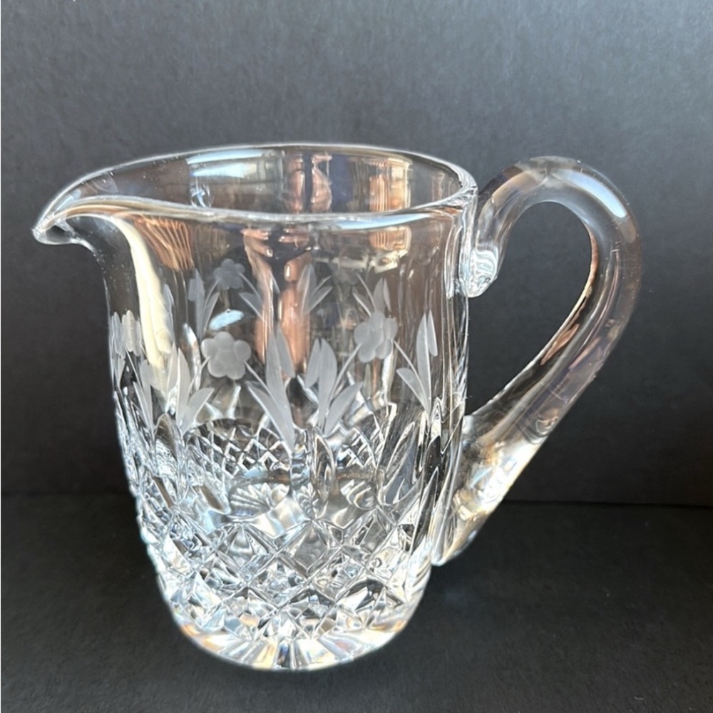 Crystal 8 oz Creamer Pitcher Diamond Circle Etched Floral Pattern